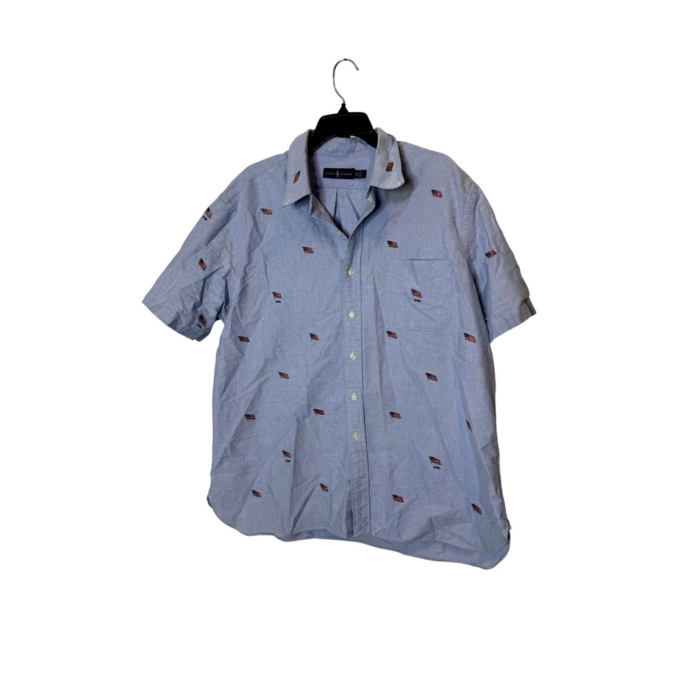 Ralph Lauren Shirt Mens 2XL Blue Flag Embroidered Short Sleeve Button Up USA